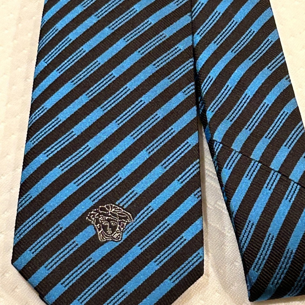 Versace Turquoise/Blue and Black Striped Silk Tie